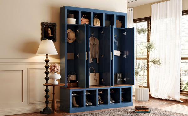 English Elm U-Can Farmhouse Hall Tree with Lockable Closets Shoe Cubbies and Walnut Accent Top Navy Blue SJ000165AAN