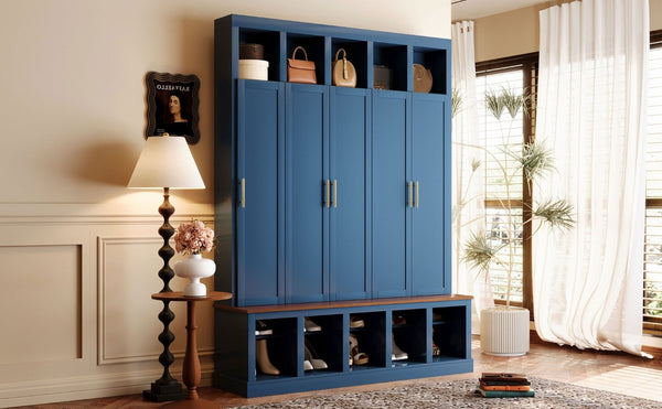English Elm U-Can Farmhouse Hall Tree with Lockable Closets Shoe Cubbies and Walnut Accent Top Navy Blue SJ000165AAN