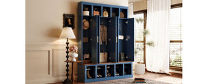 English Elm U-Can Farmhouse Hall Tree with Lockable Closets Shoe Cubbies and Walnut Accent Top Navy Blue SJ000165AAN