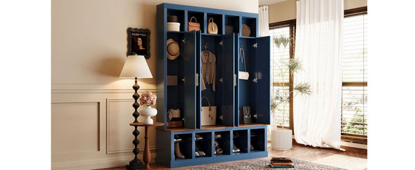 English Elm U-Can Farmhouse Hall Tree with Lockable Closets Shoe Cubbies and Walnut Accent Top Navy Blue SJ000165AAN