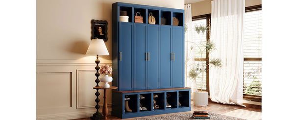 English Elm U-Can Farmhouse Hall Tree with Lockable Closets Shoe Cubbies and Walnut Accent Top Navy Blue SJ000165AAN