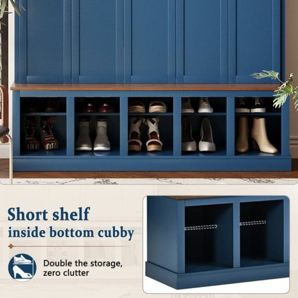 English Elm U-Can Farmhouse Hall Tree with Lockable Closets Shoe Cubbies and Walnut Accent Top Navy Blue SJ000165AAN