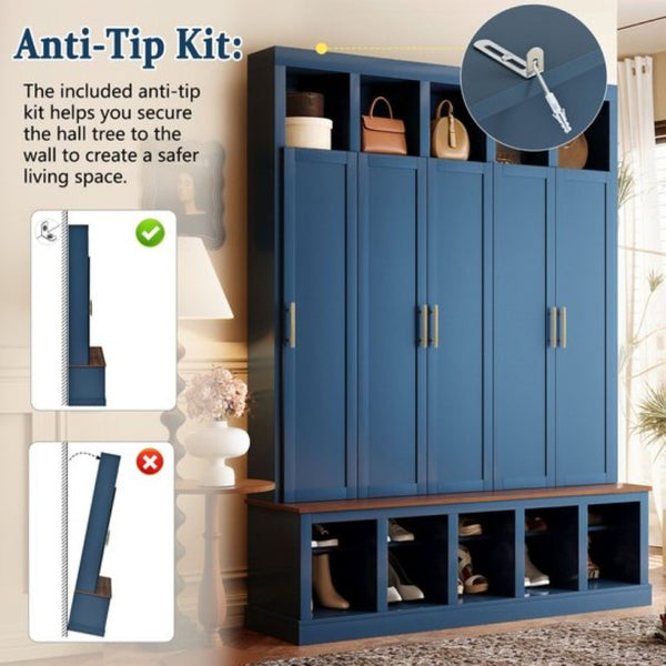 English Elm U-Can Farmhouse Hall Tree with Lockable Closets Shoe Cubbies and Walnut Accent Top Navy Blue SJ000165AAN
