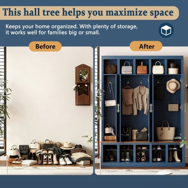 English Elm U-Can Farmhouse Hall Tree with Lockable Closets Shoe Cubbies and Walnut Accent Top Navy Blue SJ000165AAN