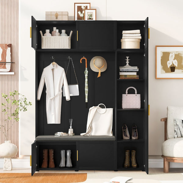 English Elm U-can Farmhouse Entryway Hall Tree with Cushioned Bench Open Shelving and Four Coat Hooks Antique Black SJ000166AAB