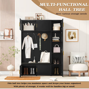 English Elm U-can Farmhouse Entryway Hall Tree with Cushioned Bench Open Shelving and Four Coat Hooks Antique Black SJ000166AAB