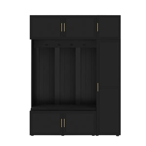 English Elm U-can Farmhouse Entryway Hall Tree with Cushioned Bench Open Shelving and Four Coat Hooks Antique Black SJ000166AAB