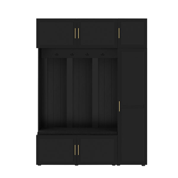 English Elm U-can Farmhouse Entryway Hall Tree with Cushioned Bench Open Shelving and Four Coat Hooks Antique Black SJ000166AAB