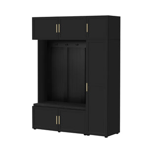 English Elm U-can Farmhouse Entryway Hall Tree with Cushioned Bench Open Shelving and Four Coat Hooks Antique Black SJ000166AAB