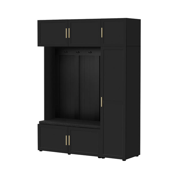 English Elm U-can Farmhouse Entryway Hall Tree with Cushioned Bench Open Shelving and Four Coat Hooks Antique Black SJ000166AAB