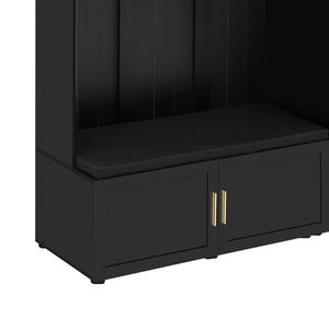 English Elm U-can Farmhouse Entryway Hall Tree with Cushioned Bench Open Shelving and Four Coat Hooks Antique Black SJ000166AAB