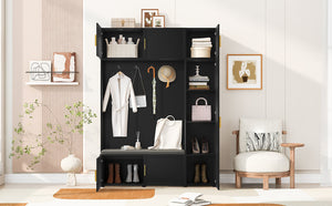 English Elm U-can Farmhouse Entryway Hall Tree with Cushioned Bench Open Shelving and Four Coat Hooks Antique Black SJ000166AAB