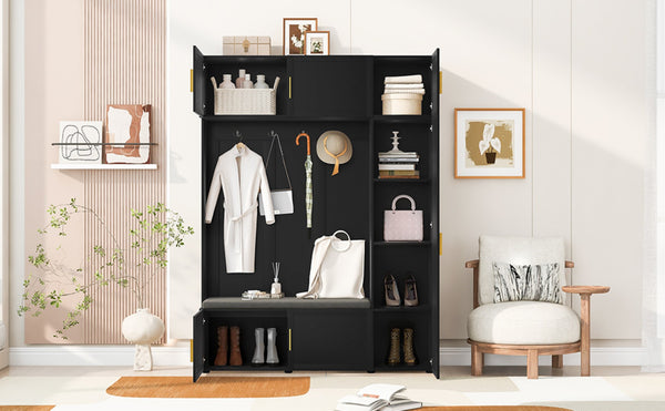 English Elm U-can Farmhouse Entryway Hall Tree with Cushioned Bench Open Shelving and Four Coat Hooks Antique Black SJ000166AAB