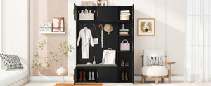 English Elm U-can Farmhouse Entryway Hall Tree with Cushioned Bench Open Shelving and Four Coat Hooks Antique Black SJ000166AAB