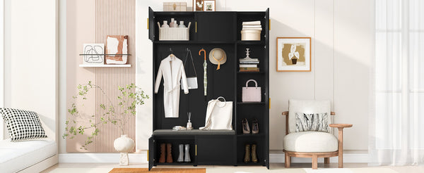 English Elm U-can Farmhouse Entryway Hall Tree with Cushioned Bench Open Shelving and Four Coat Hooks Antique Black SJ000166AAB