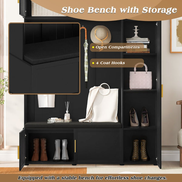 English Elm U-can Farmhouse Entryway Hall Tree with Cushioned Bench Open Shelving and Four Coat Hooks Antique Black SJ000166AAB