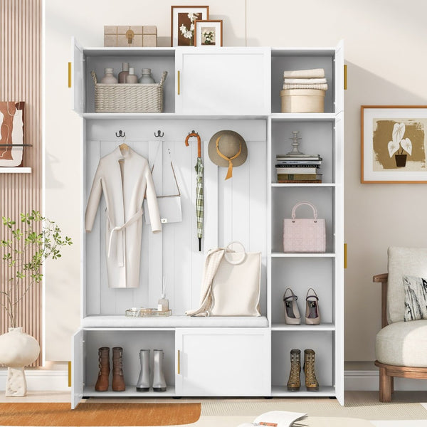 English Elm U-can Farmhouse Entryway Hall Tree with Cushioned Bench Open Shelving and Four Coat Hooks Ancient White SJ000166AAK