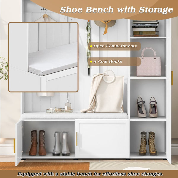 English Elm U-can Farmhouse Entryway Hall Tree with Cushioned Bench Open Shelving and Four Coat Hooks Ancient White SJ000166AAK