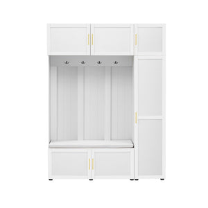 English Elm U-can Farmhouse Entryway Hall Tree with Cushioned Bench Open Shelving and Four Coat Hooks Ancient White SJ000166AAK