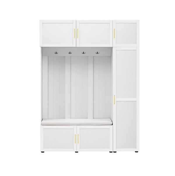 English Elm U-can Farmhouse Entryway Hall Tree with Cushioned Bench Open Shelving and Four Coat Hooks Ancient White SJ000166AAK