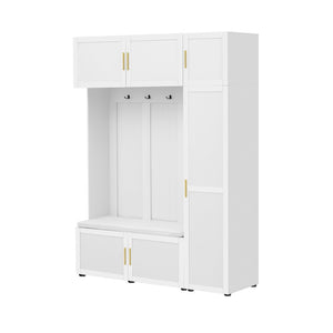 English Elm U-can Farmhouse Entryway Hall Tree with Cushioned Bench Open Shelving and Four Coat Hooks Ancient White SJ000166AAK