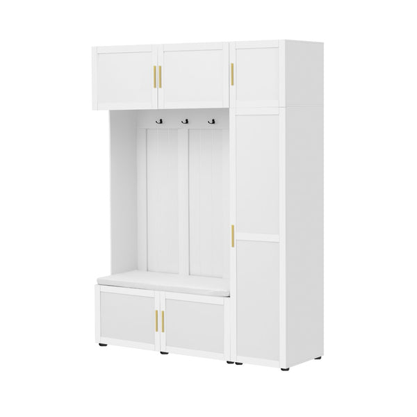English Elm U-can Farmhouse Entryway Hall Tree with Cushioned Bench Open Shelving and Four Coat Hooks Ancient White SJ000166AAK
