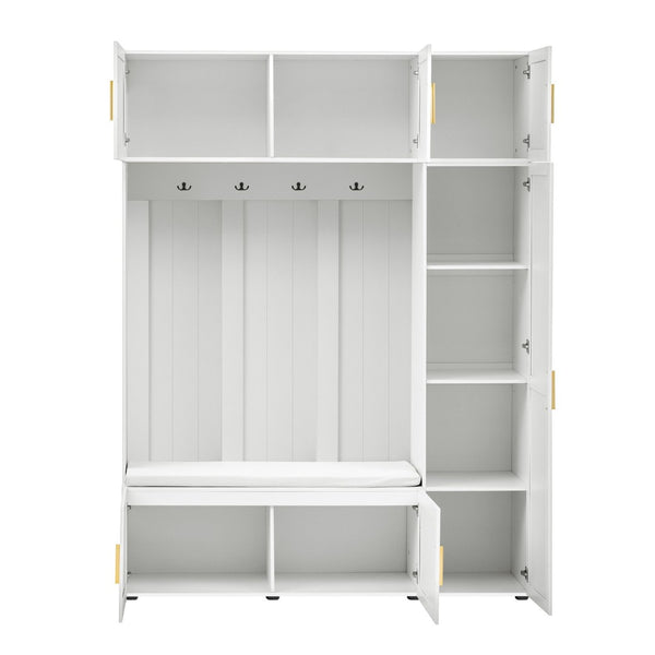 English Elm U-can Farmhouse Entryway Hall Tree with Cushioned Bench Open Shelving and Four Coat Hooks Ancient White SJ000166AAK
