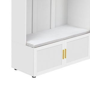 English Elm U-can Farmhouse Entryway Hall Tree with Cushioned Bench Open Shelving and Four Coat Hooks Ancient White SJ000166AAK