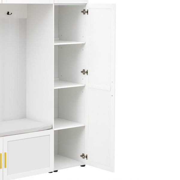 English Elm U-can Farmhouse Entryway Hall Tree with Cushioned Bench Open Shelving and Four Coat Hooks Ancient White SJ000166AAK