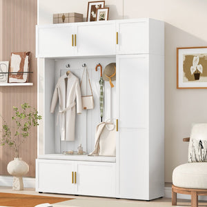 English Elm U-can Farmhouse Entryway Hall Tree with Cushioned Bench Open Shelving and Four Coat Hooks Ancient White SJ000166AAK