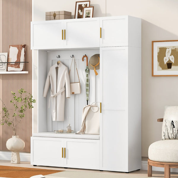 English Elm U-can Farmhouse Entryway Hall Tree with Cushioned Bench Open Shelving and Four Coat Hooks Ancient White SJ000166AAK