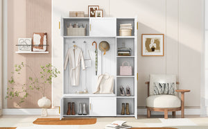 English Elm U-can Farmhouse Entryway Hall Tree with Cushioned Bench Open Shelving and Four Coat Hooks Ancient White SJ000166AAK