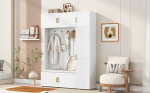 English Elm U-can Farmhouse Entryway Hall Tree with Cushioned Bench Open Shelving and Four Coat Hooks Ancient White SJ000166AAK