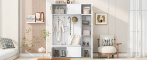English Elm U-can Farmhouse Entryway Hall Tree with Cushioned Bench Open Shelving and Four Coat Hooks Ancient White SJ000166AAK