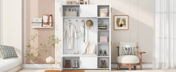 English Elm U-can Farmhouse Entryway Hall Tree with Cushioned Bench Open Shelving and Four Coat Hooks Ancient White SJ000166AAK
