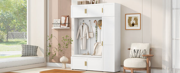 English Elm U-can Farmhouse Entryway Hall Tree with Cushioned Bench Open Shelving and Four Coat Hooks Ancient White SJ000166AAK