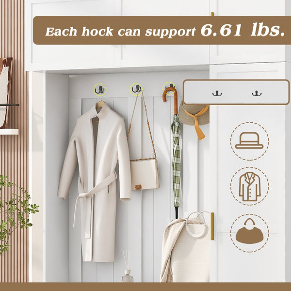 English Elm U-can Farmhouse Entryway Hall Tree with Cushioned Bench Open Shelving and Four Coat Hooks Ancient White SJ000166AAK