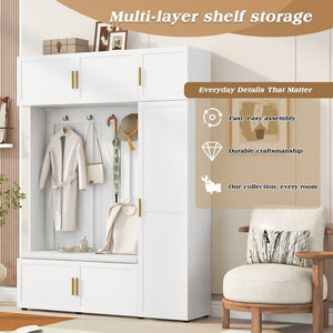 English Elm U-can Farmhouse Entryway Hall Tree with Cushioned Bench Open Shelving and Four Coat Hooks Ancient White SJ000166AAK