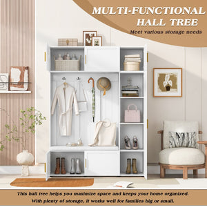 English Elm U-can Farmhouse Entryway Hall Tree with Cushioned Bench Open Shelving and Four Coat Hooks Ancient White SJ000166AAK