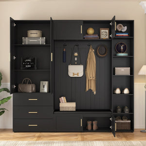 English Elm U-can Entryway Hall Tree with Cushioned Bench Enclosed Cabinet and Adjustable Shelving Antique Black SJ000167AAB