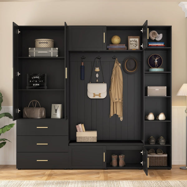 English Elm U-can Entryway Hall Tree with Cushioned Bench Enclosed Cabinet and Adjustable Shelving Antique Black SJ000167AAB
