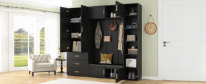 English Elm U-can Entryway Hall Tree with Cushioned Bench Enclosed Cabinet and Adjustable Shelving Antique Black SJ000167AAB