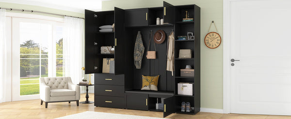 English Elm U-can Entryway Hall Tree with Cushioned Bench Enclosed Cabinet and Adjustable Shelving Antique Black SJ000167AAB