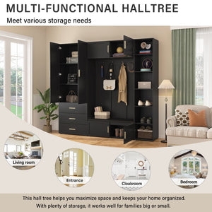 English Elm U-can Entryway Hall Tree with Cushioned Bench Enclosed Cabinet and Adjustable Shelving Antique Black SJ000167AAB