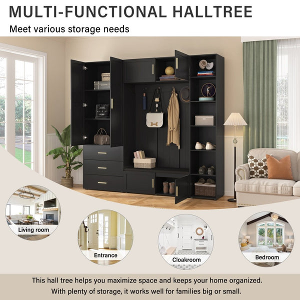 English Elm U-can Entryway Hall Tree with Cushioned Bench Enclosed Cabinet and Adjustable Shelving Antique Black SJ000167AAB