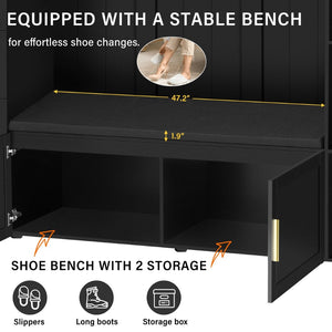 English Elm U-can Entryway Hall Tree with Cushioned Bench Enclosed Cabinet and Adjustable Shelving Antique Black SJ000167AAB