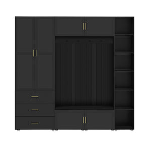 English Elm U-can Entryway Hall Tree with Cushioned Bench Enclosed Cabinet and Adjustable Shelving Antique Black SJ000167AAB