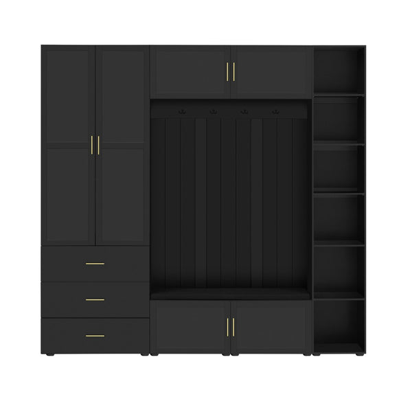 English Elm U-can Entryway Hall Tree with Cushioned Bench Enclosed Cabinet and Adjustable Shelving Antique Black SJ000167AAB