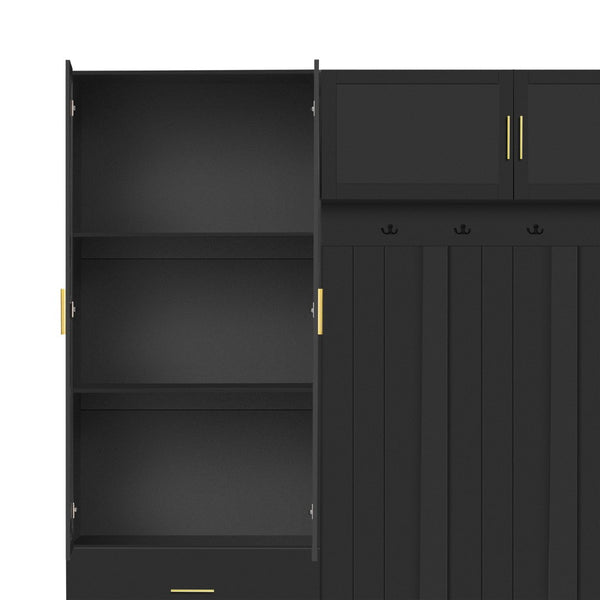 English Elm U-can Entryway Hall Tree with Cushioned Bench Enclosed Cabinet and Adjustable Shelving Antique Black SJ000167AAB