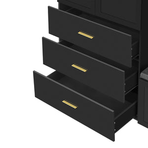 English Elm U-can Entryway Hall Tree with Cushioned Bench Enclosed Cabinet and Adjustable Shelving Antique Black SJ000167AAB